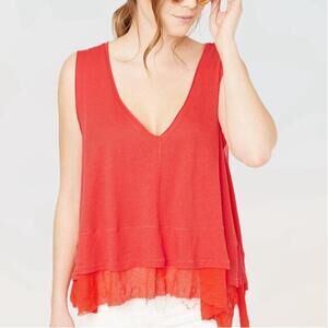 We The Free Peachy Sleeveless V-Neck Oversized  Layered Tank Top Hot Coral Small
